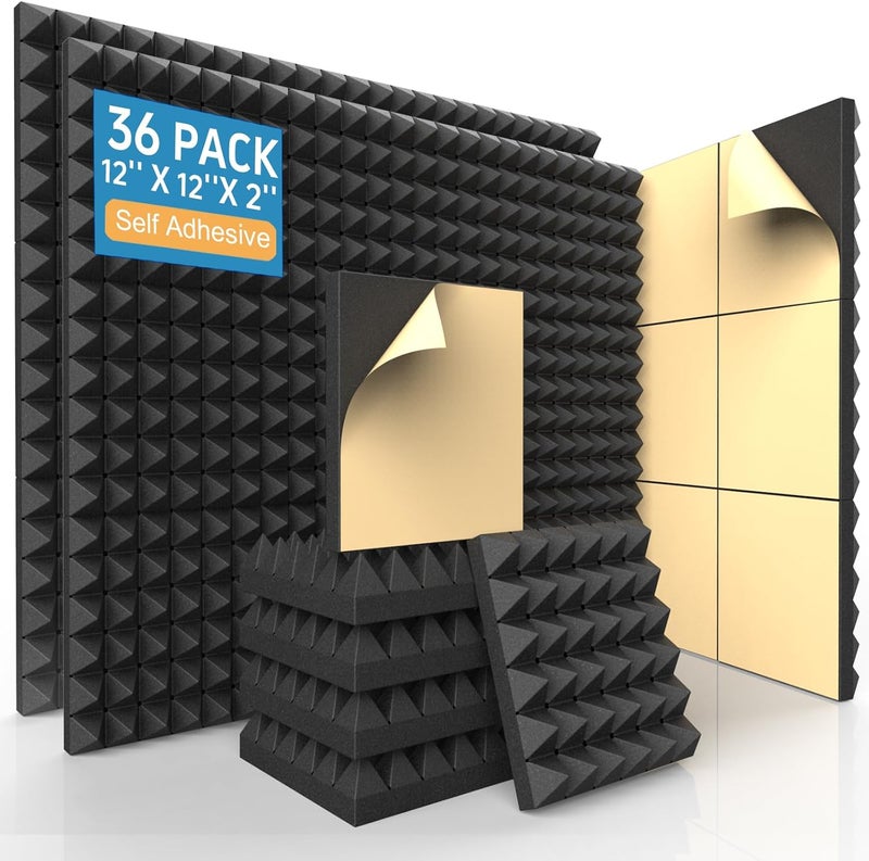 AUSLET 36 Pack Self-Adhesive Acoustic Foam Panels, 12 x 12 x 2 Inches High Density Pyramid Sound Proof Foam Panels for Walls, Fire Resistant Soundproof Wall Panels for Home Office & Studio (Black) - Image 1